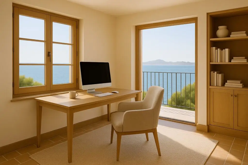 Arbeitszimmer mit Schreibtisch und Blick auf die Bucht von Alcúdia (KI-generiert)