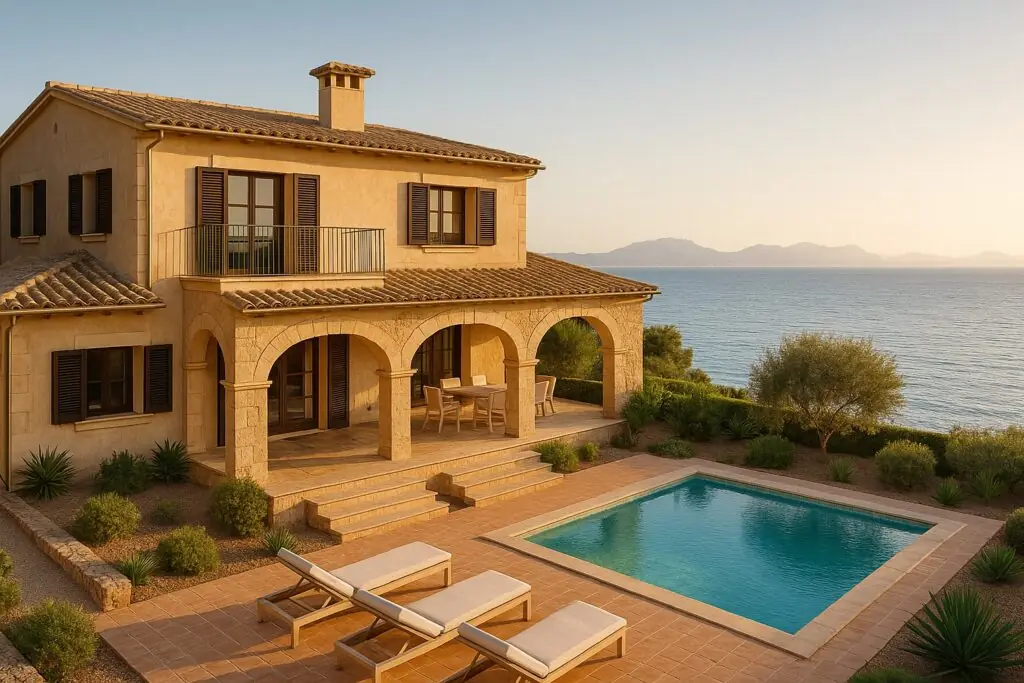 Mediterrane Steinvilla mit Pool am Meer bei Alcúdia (KI-generiert)