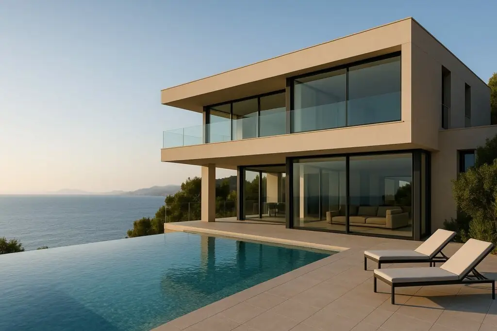 Moderne Villa mit Infinity-Pool über der Küste von Alcúdia (KI-generiert)