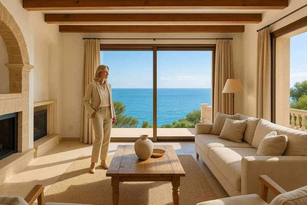 Imagen generada con inteligencia artificial del salón de una villa en Alcúdia, con una inversora ante el ventanal con vistas al mar