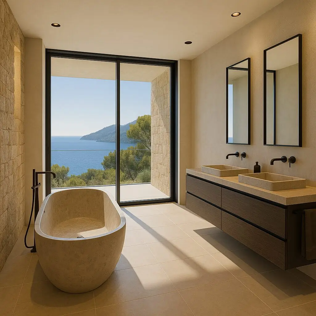 Badezimmer mit freistehender Wanne und Meerblick in einer Villa in Andratx (KI-generiert)