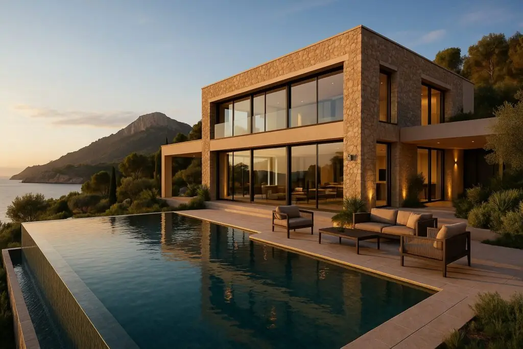 Two-storey hillside villa with a long pool and a sea view in Andratx (AI-generated)
