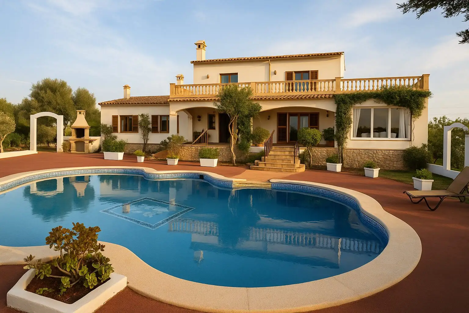 Mediterrane Villa mit geschwungenem Pool in Cala Millor (KI-generiert)