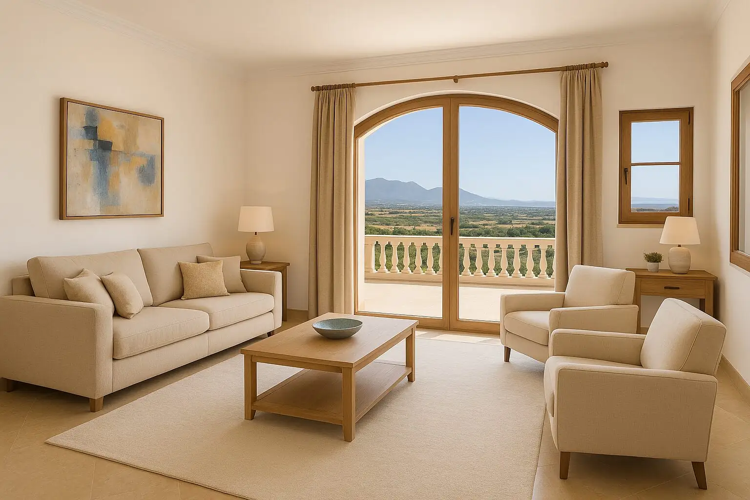 Helles Wohnzimmer mit Balkontür in einer Villa in Cala Millor (KI-generiert)
