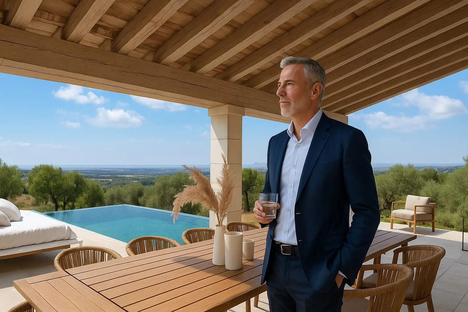 Mann mit Weinglas auf der Poolterrasse einer Villa in Cala Millor (KI-generiert)