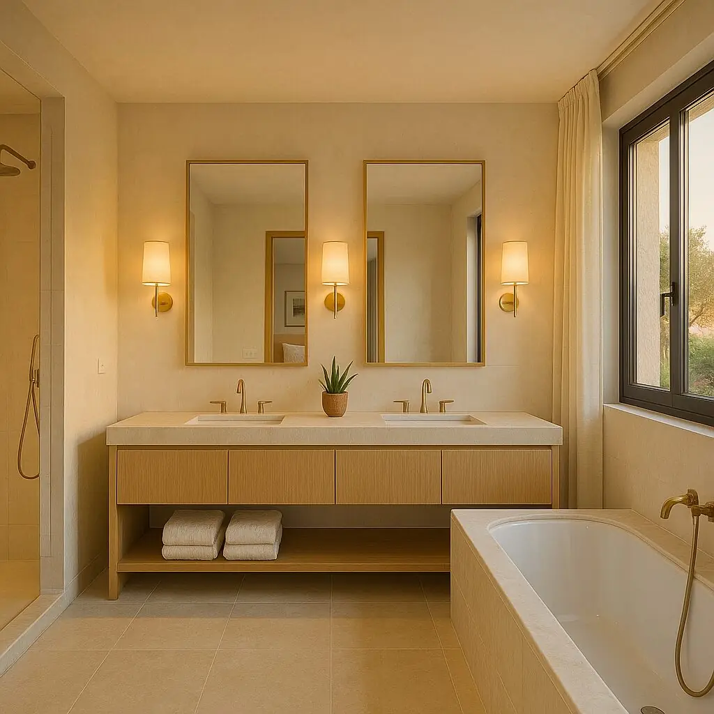 Badezimmer mit Doppelwaschtisch und Badewanne in einer Villa in Calvià (KI-generiert)