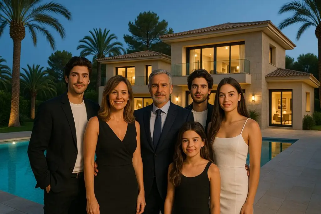 Imagen generada con inteligencia artificial de una familia acomodada ante su villa con piscina en Calvià