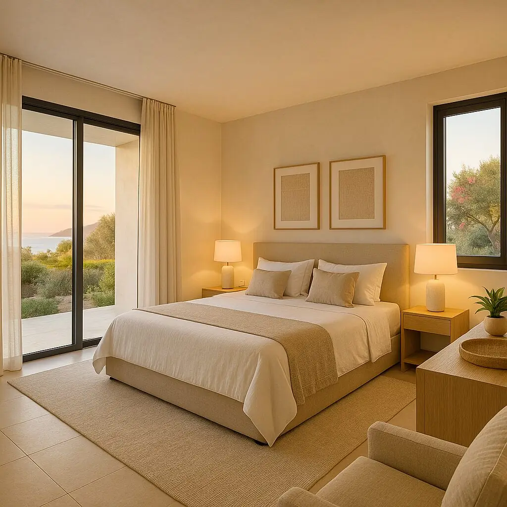 Dormitorio con cama de matrimonio y vistas al mar en una villa de Calvià (imagen generada con inteligencia artificial)