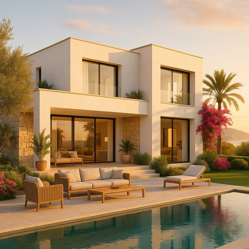Villa moderna blanca con piscina y terraza en Calvià (imagen generada con inteligencia artificial)