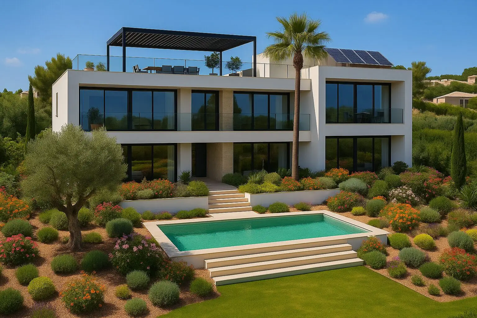 Moderne Villa mit Pool und mediterranem Garten in Camp de Mar (KI-generiert)
