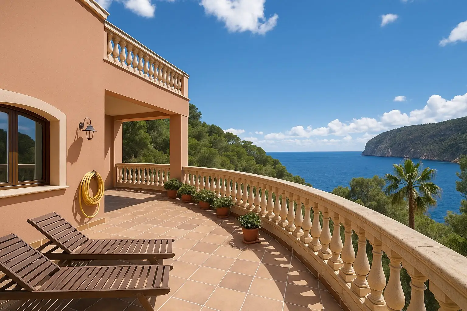 Terraza con tumbonas y vistas sobre la bahía de Camp de Mar (imagen generada con inteligencia artificial)