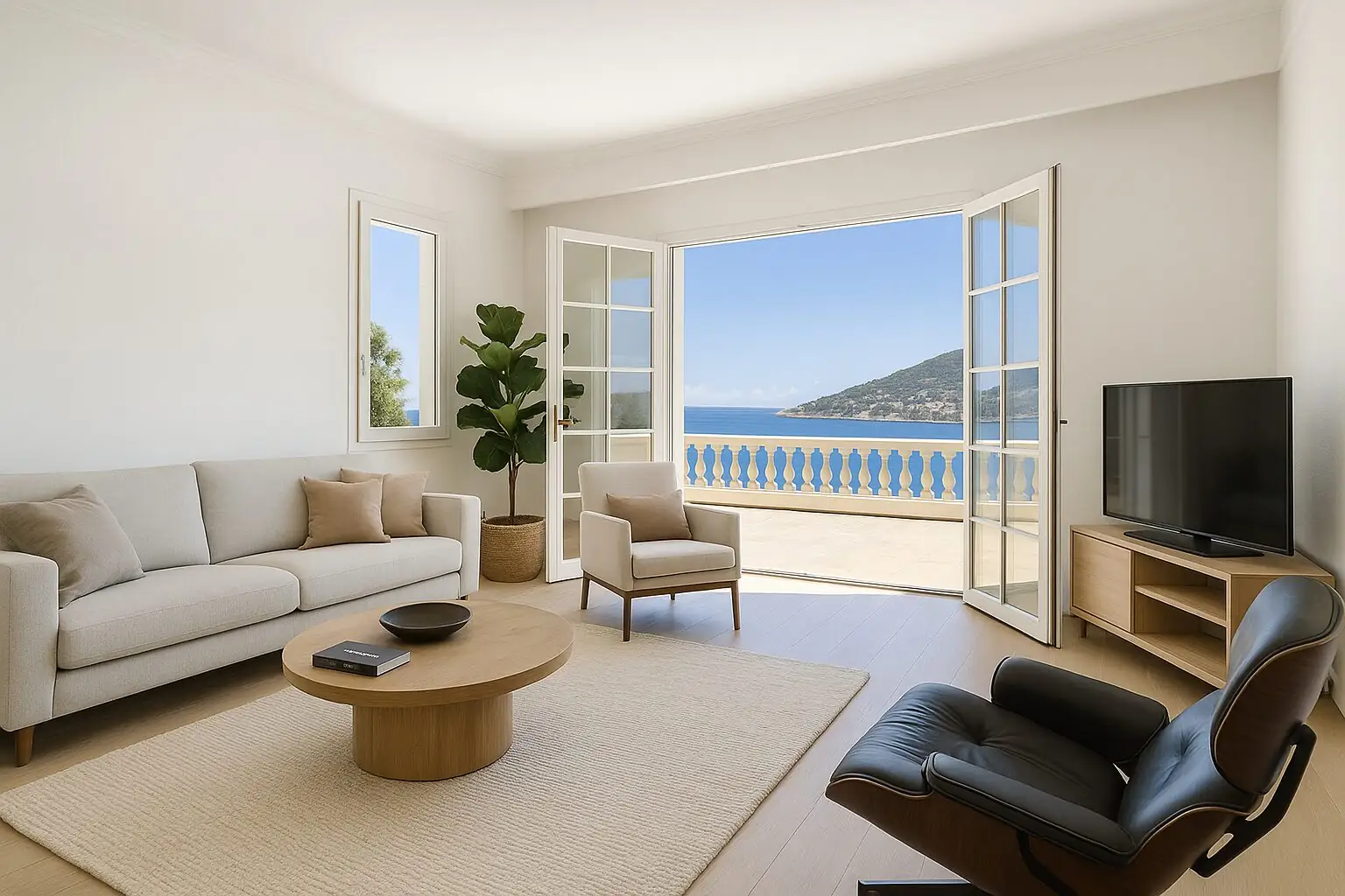 Salón con la puerta del balcón abierta y vistas al mar en Camp de Mar (imagen generada con inteligencia artificial)