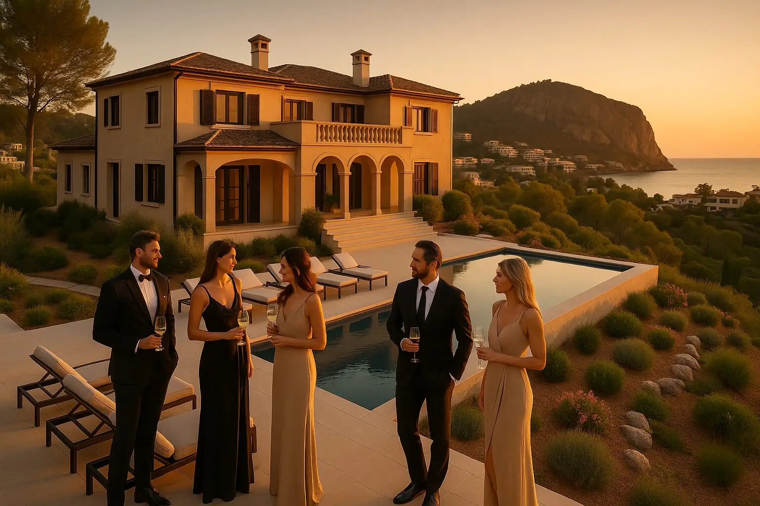 Invitados vestidos de gala en una recepción junto a la piscina de una villa en Camp de Mar (imagen generada con inteligencia artificial)