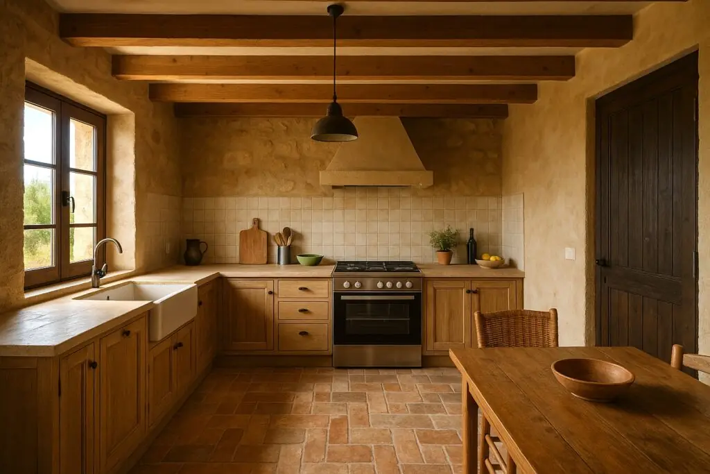 Landhausküche mit Holzbalkendecke in einer Finca in Campos (KI-generiert)