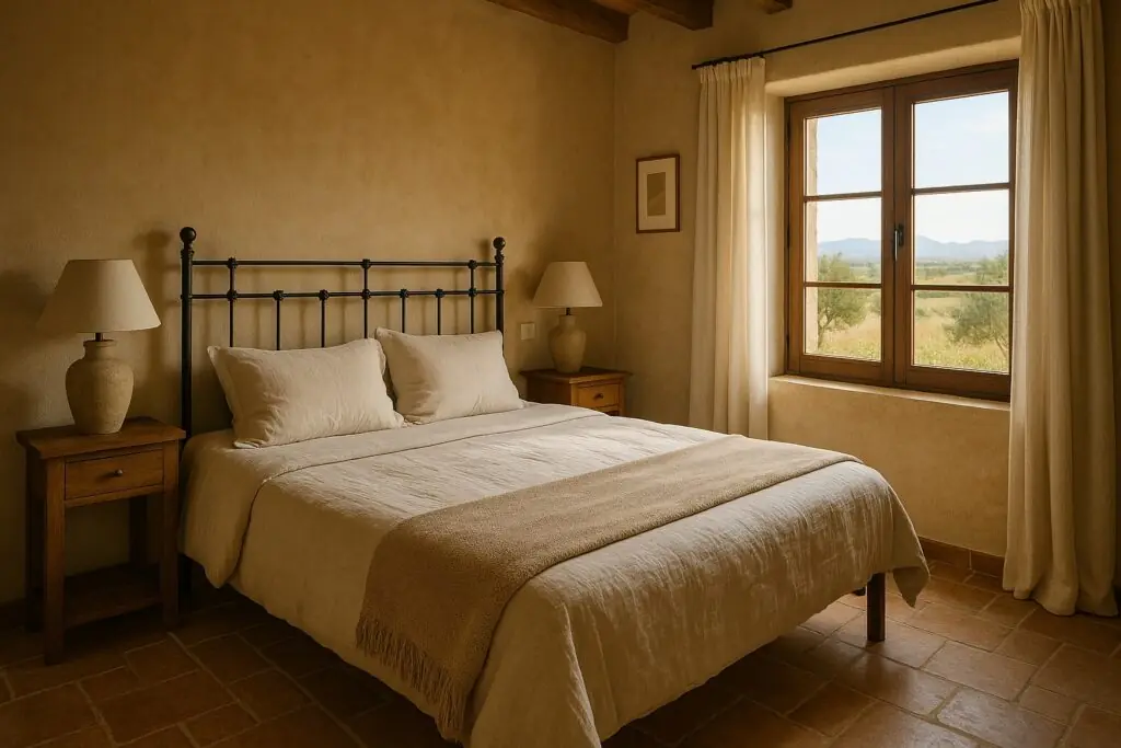 Rustikales Schlafzimmer mit Blick ins Grüne in einer Finca in Campos (KI-generiert)