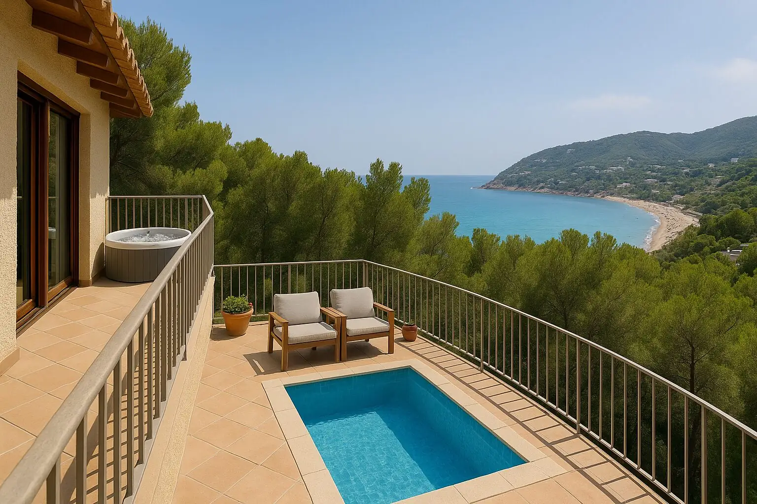 Terrace with a pool and a view of the bay of Canyamel (AI-generated)