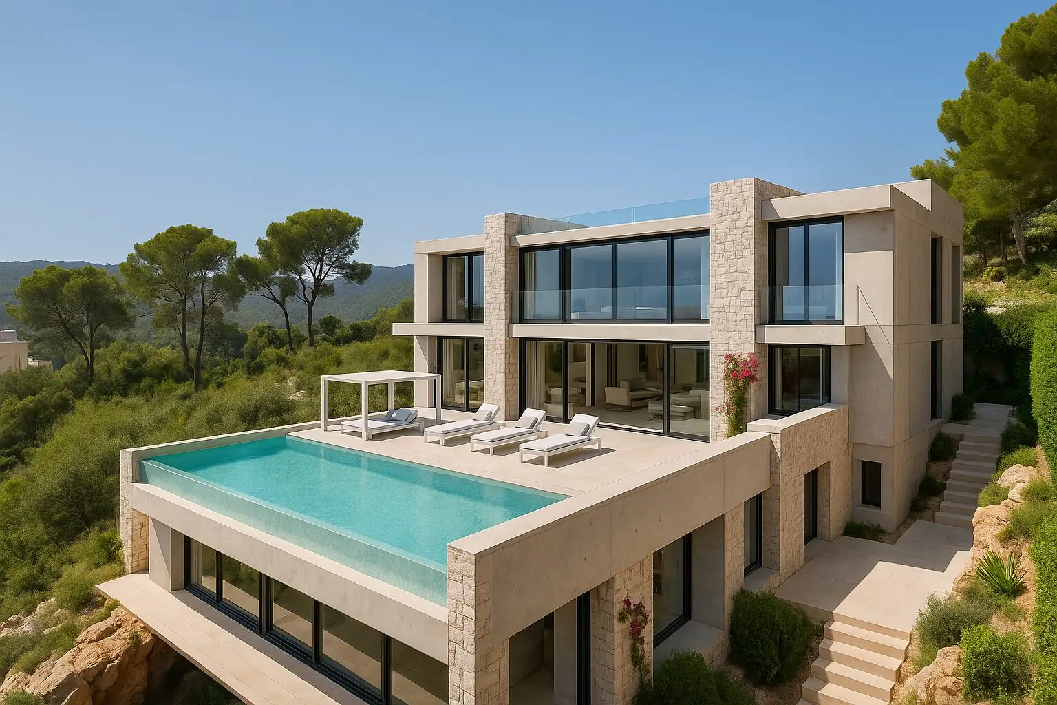 Modern villa with a rooftop pool above the pines of Canyamel (AI-generated)