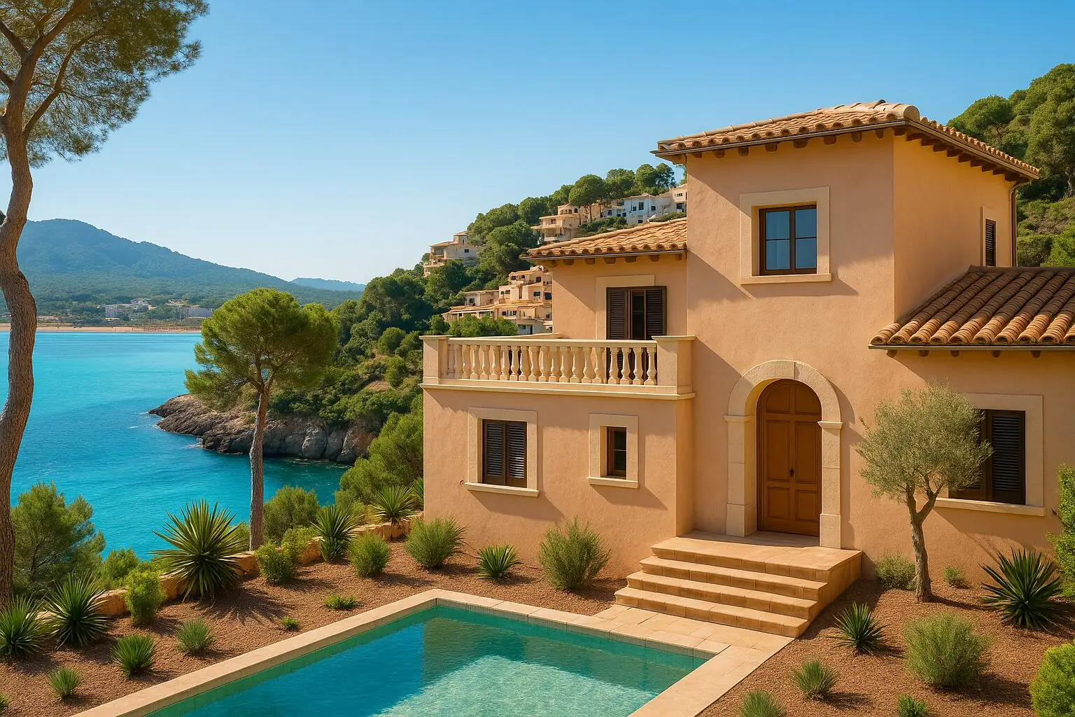 Mediterranean villa with a pool above the turquoise bay of Canyamel (AI-generated)