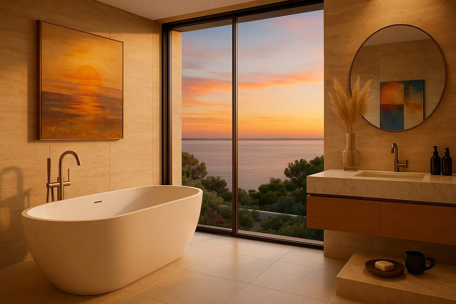 Badezimmer mit freistehender Wanne und Panoramafenster in Costa d’en Blanes (KI-generiert)