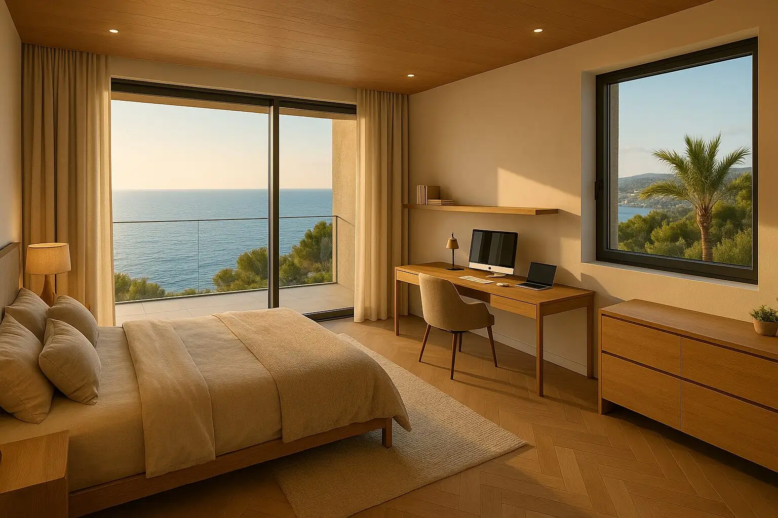Schlafzimmer mit Arbeitsplatz und Meerblick in Costa d’en Blanes (KI-generiert)