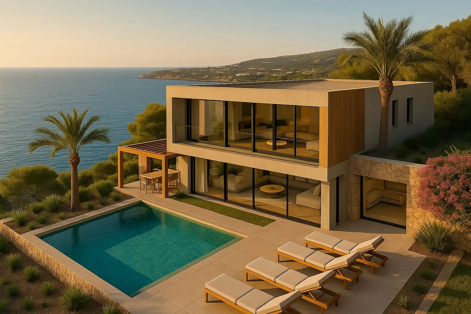 Moderne Villa mit Pool und Palmen am Hang von Costa d’en Blanes (KI-generiert)