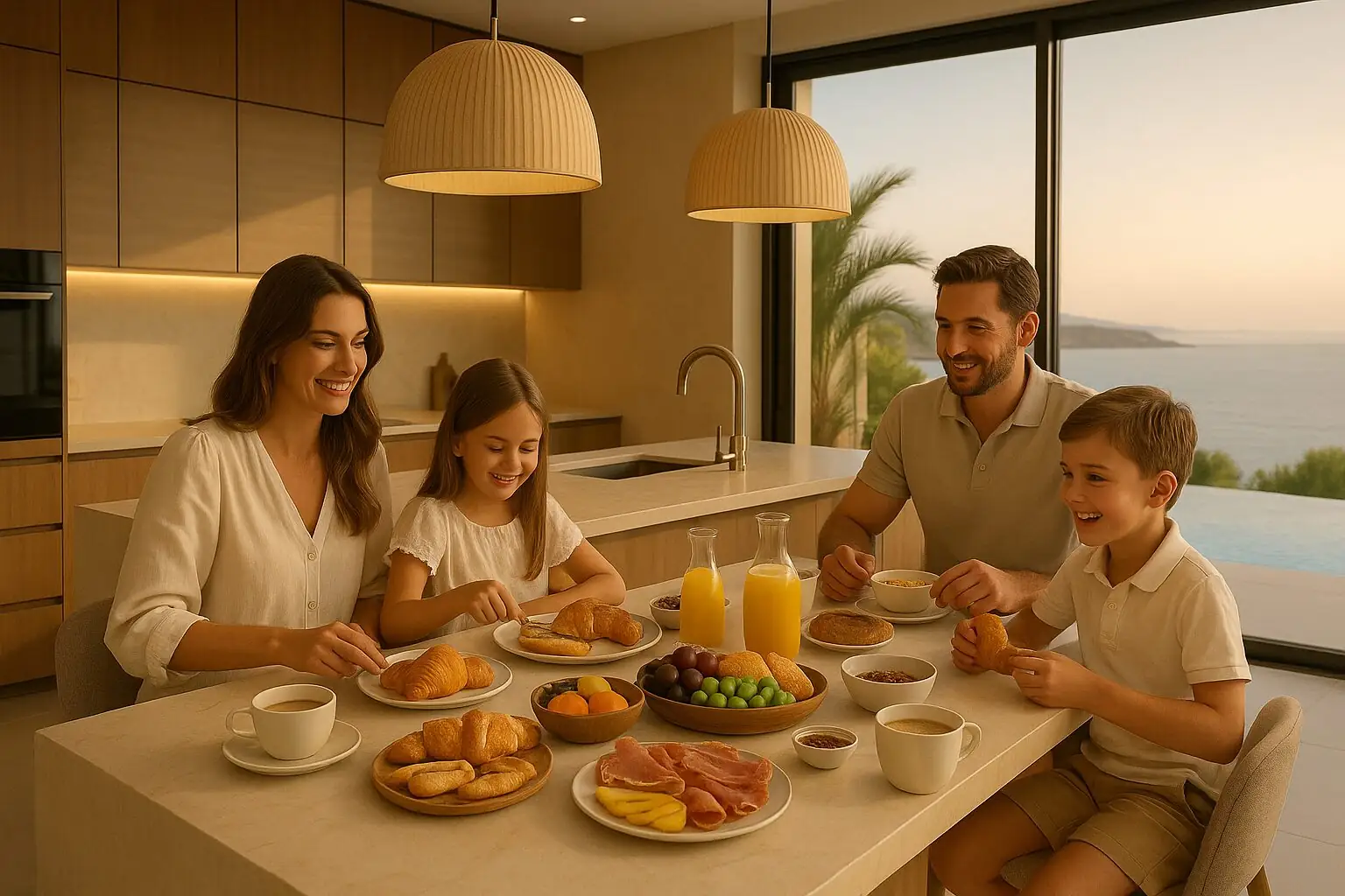 Familie beim Frühstück in einer Küche mit Meerblick in Costa d’en Blanes (KI-generiert)