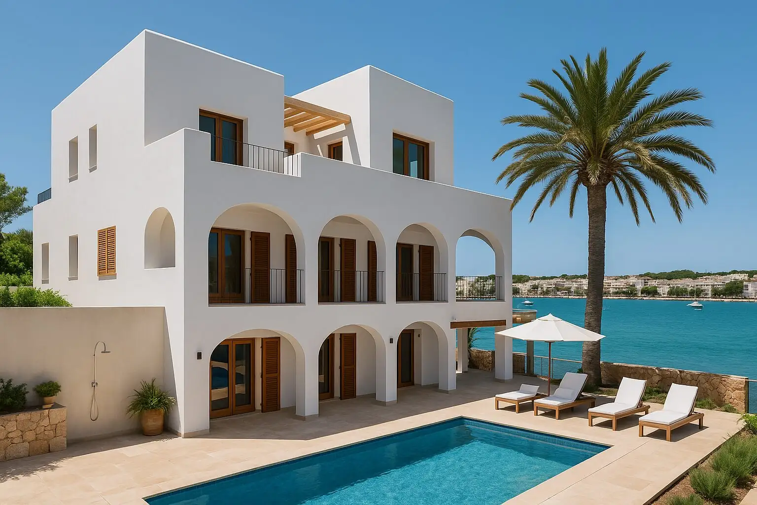 White villa with round arches and a pool above the bay near Felanitx (AI-generated)