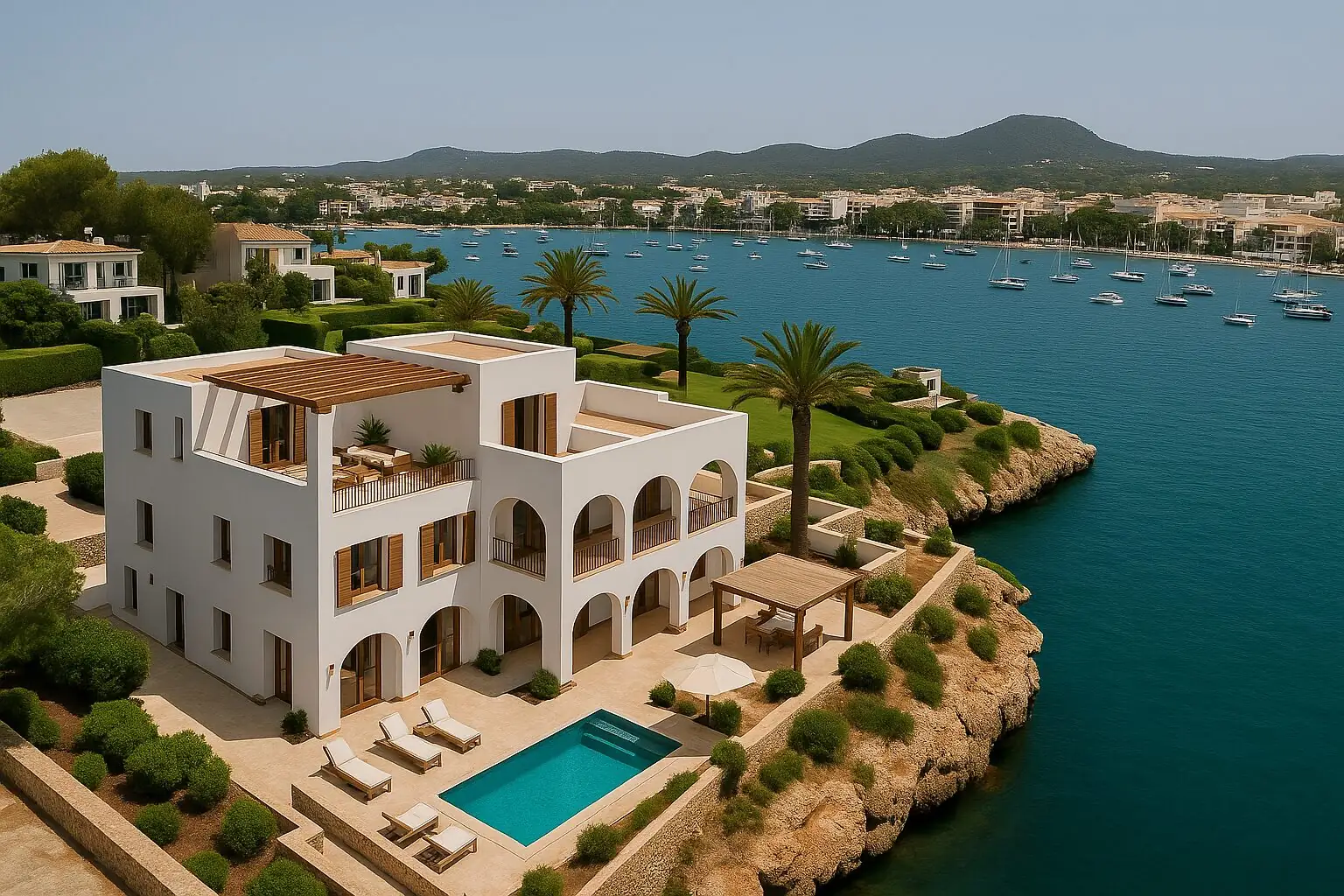 White villa right on the water of a bay near Felanitx (AI-generated)