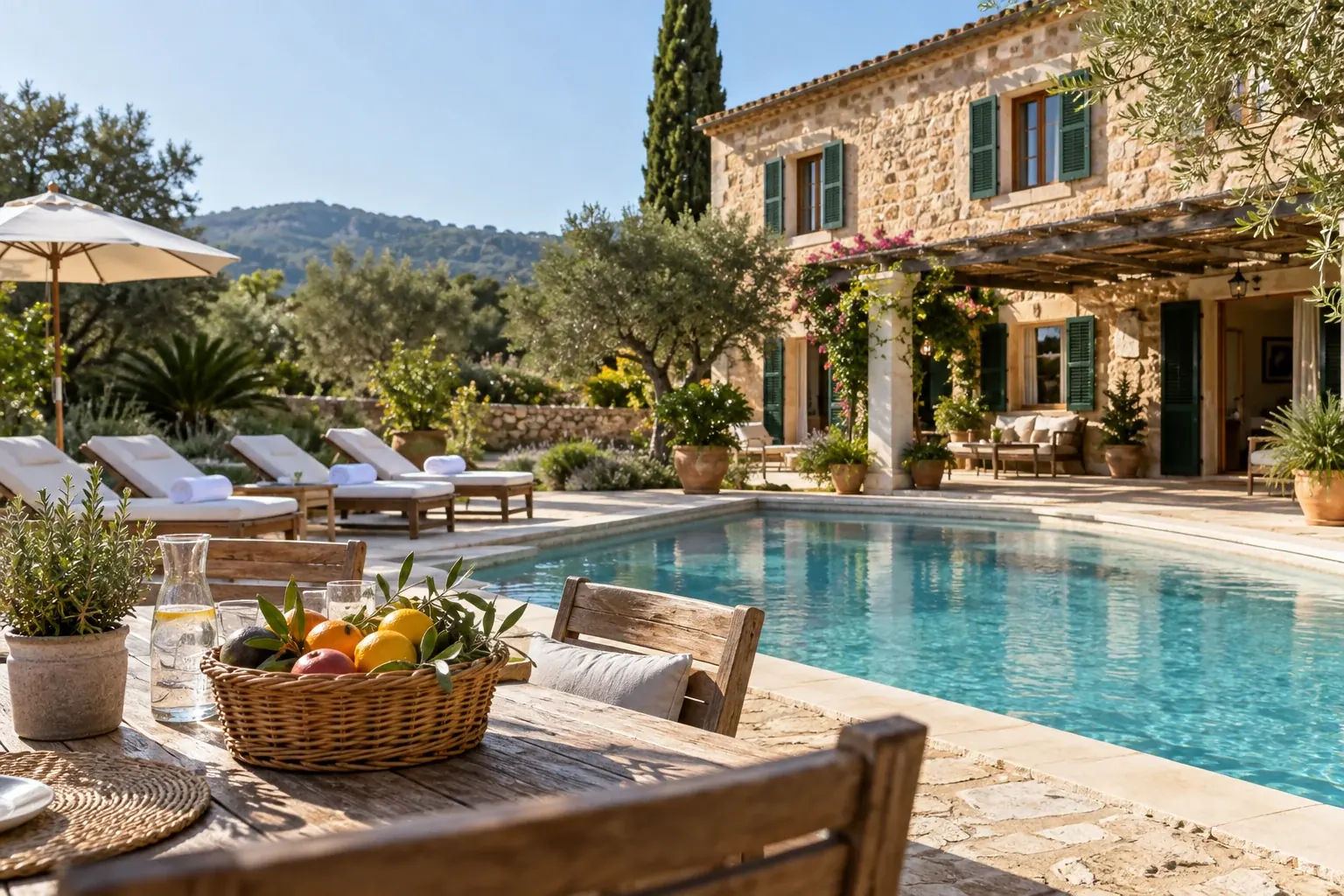 Finca de piedra con piscina, tumbonas y mesa preparada, lista para huéspedes de vacaciones (imagen generada con inteligencia artificial)