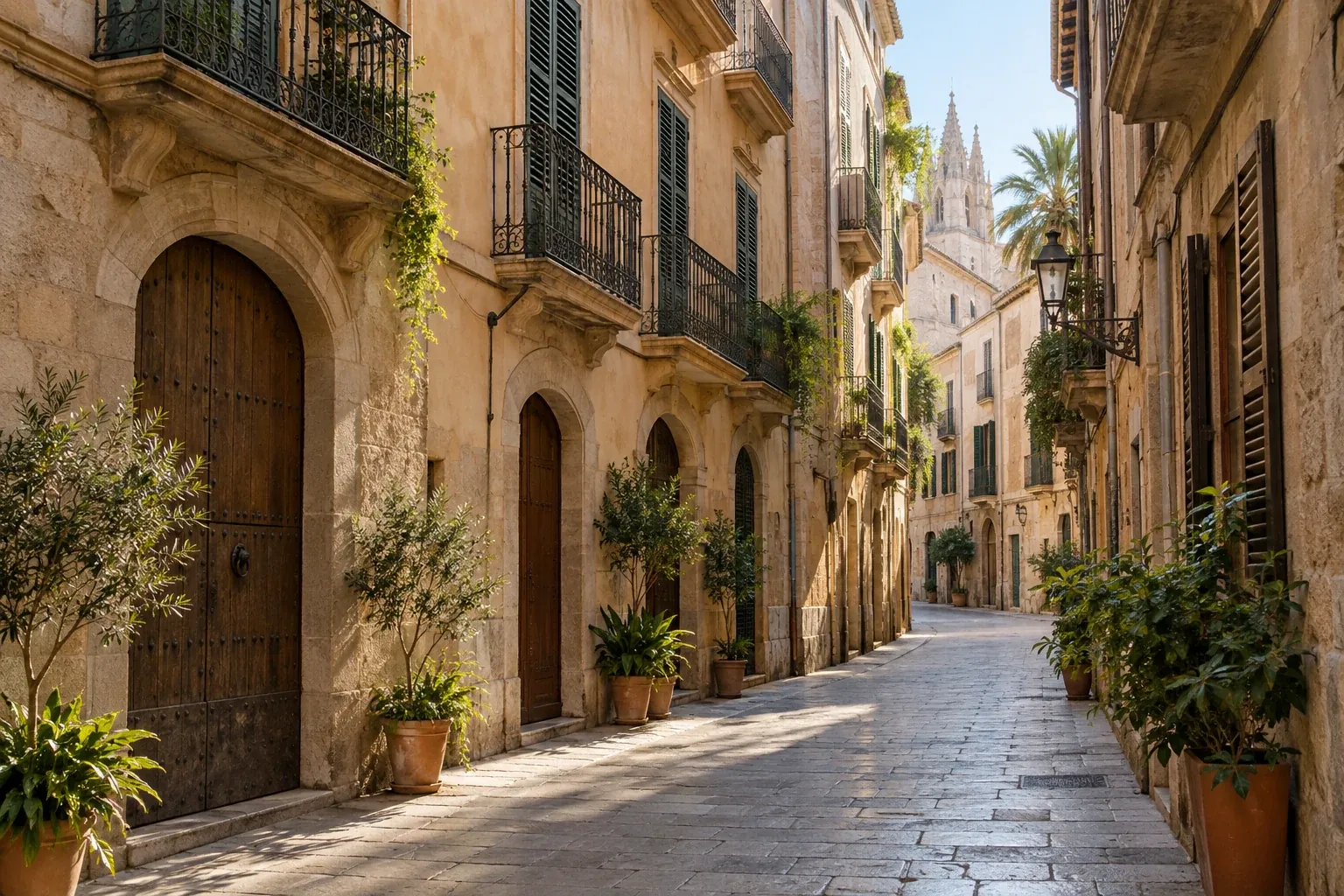 Quiet lane in Palma’s old town with historic residential buildings, wrought-iron balconies and a view of the cathedral (AI-generated)