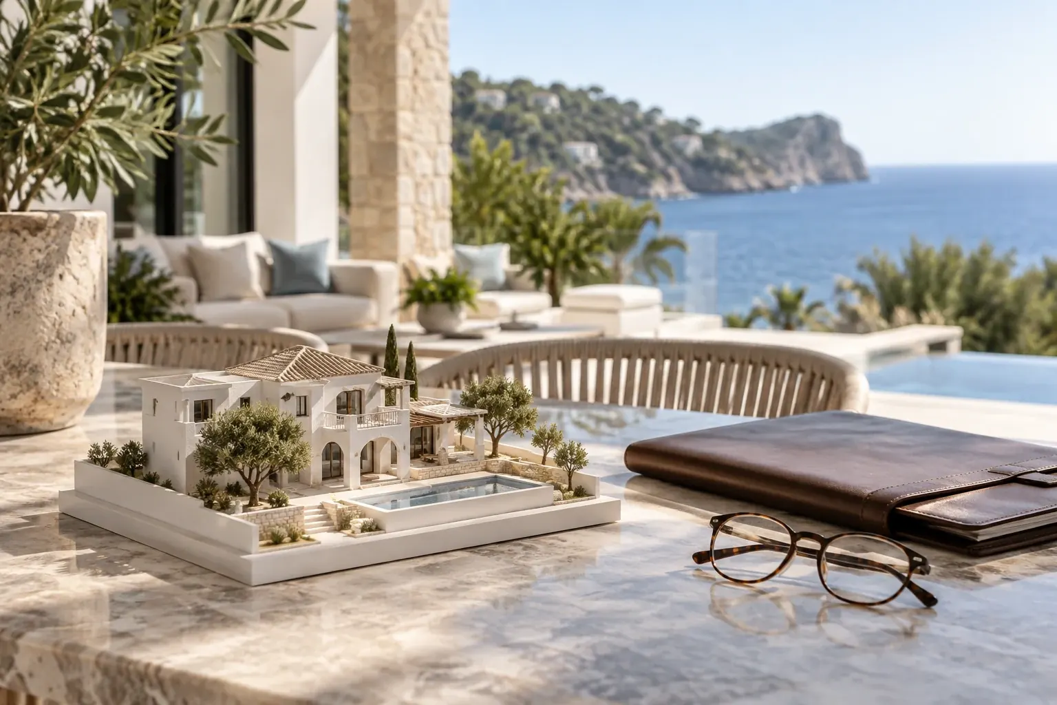 Architectural model of a Mediterranean villa with a pool beside a leather folder and reading glasses on a sea-view terrace (AI-generated)