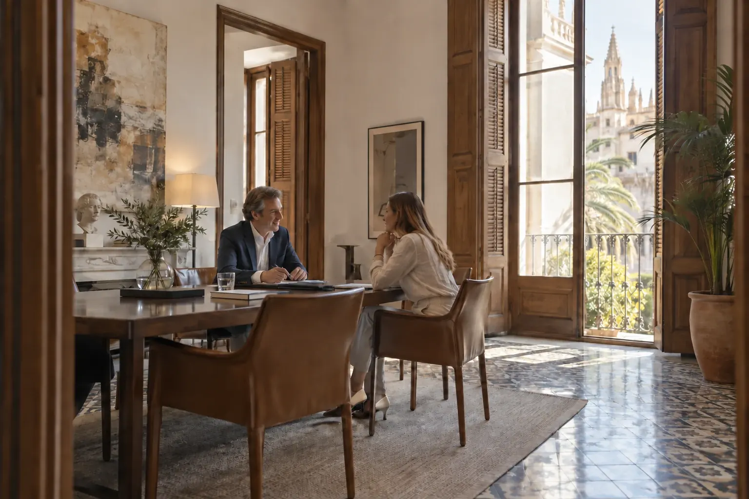 Reunión de asesoramiento en una casa señorial de Palma con altas contraventanas y baldosas históricas (imagen generada con inteligencia artificial)