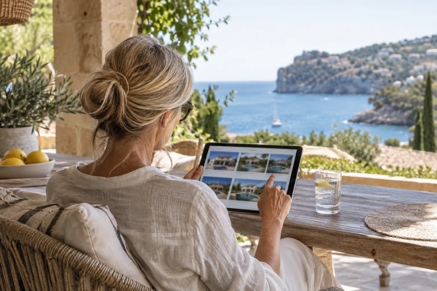 Mujer consultando ofertas inmobiliarias en una tableta en una terraza a la sombra con vistas al mar (imagen generada con inteligencia artificial)