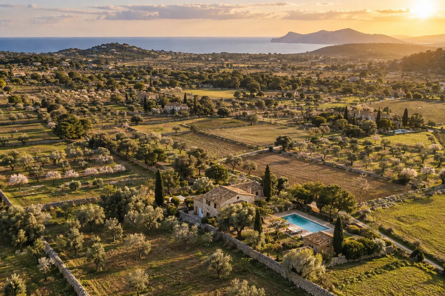 Aerial view of Mallorca’s countryside with olive groves, dry-stone walls and fincas stretching to the sea (AI-generated)