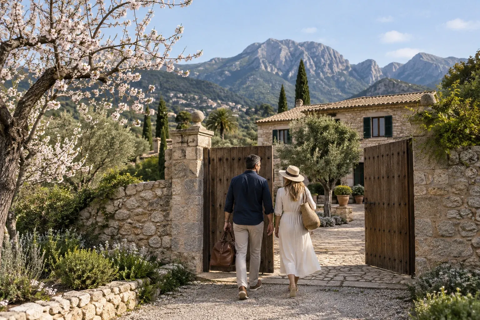 Pareja que llega en primavera a una visita ante el portón de madera de una finca de piedra, con almendros en flor y la sierra de Tramuntana al fondo (imagen generada con inteligencia artificial)