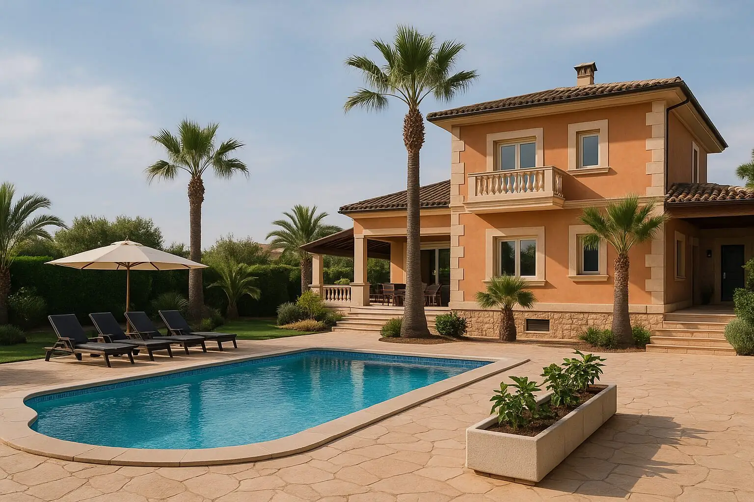 Villa mit Pool und Palmengarten in Llucmajor (KI-generiert)