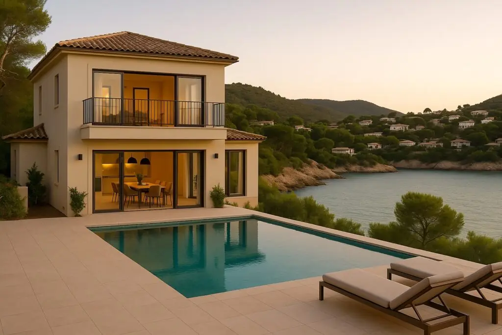 Villa mit Pool am Hang über einer Bucht bei Manacor (KI-generiert)