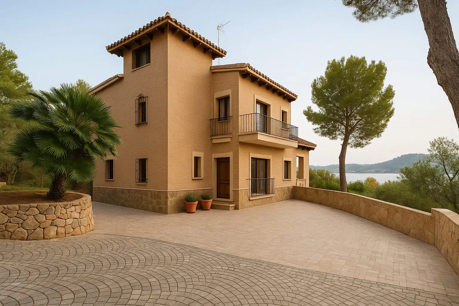 Villa auf einer Anhöhe mit gepflasterter Zufahrt in Paguera (KI-generiert)