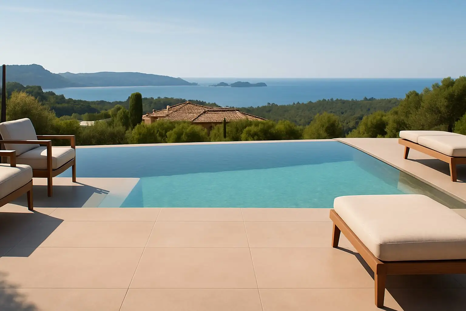 Terrasse mit Infinity-Pool und Blick über die Bucht von Paguera (KI-generiert)
