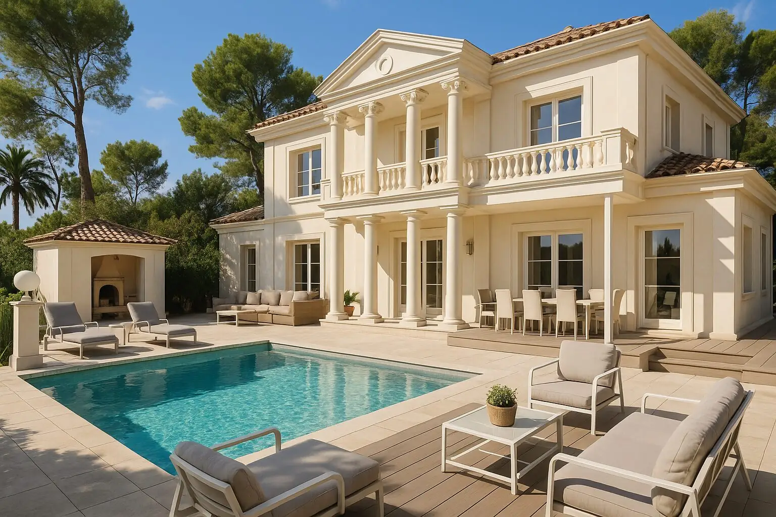 Klassische weiße Villa mit Pool und Loungebereich in Paguera (KI-generiert)