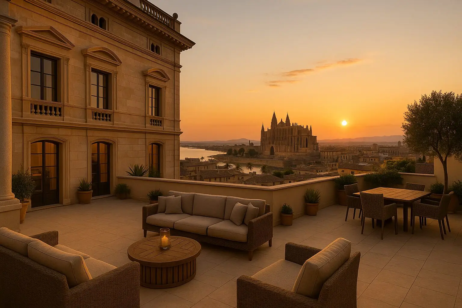 Mansion with a roof terrace and a view of Palma cathedral (AI-generated)