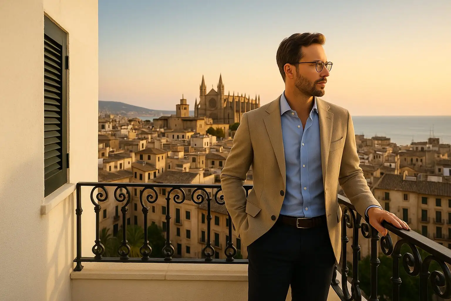 AI-generated image of a young entrepreneur on the balcony of a new property in Palma with a view of the city centre and the cathedral