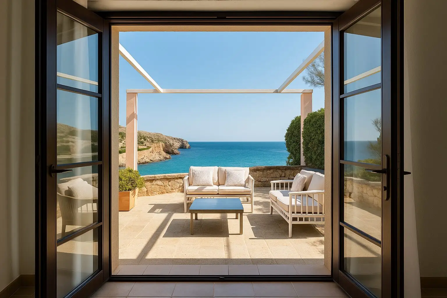 Überdachte Terrasse mit Loungemöbeln und Meerblick in Pollensa (KI-generiert)