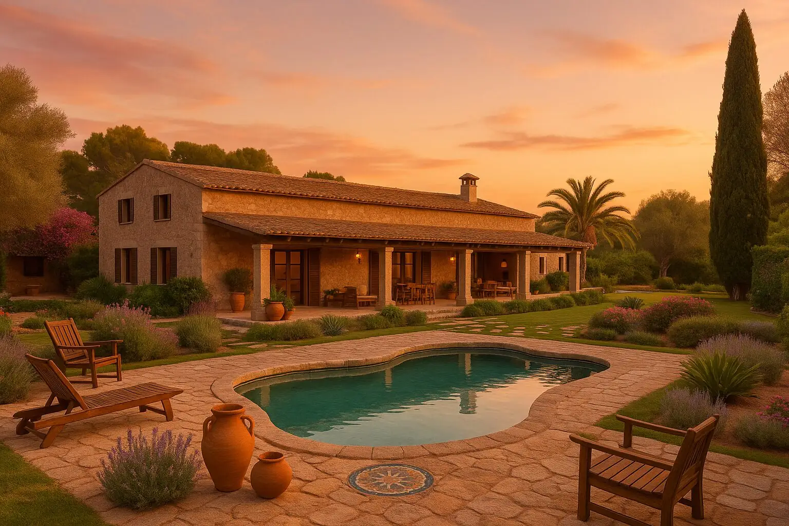 Finca mit Pool im Abendlicht bei Pollensa (KI-generiert)