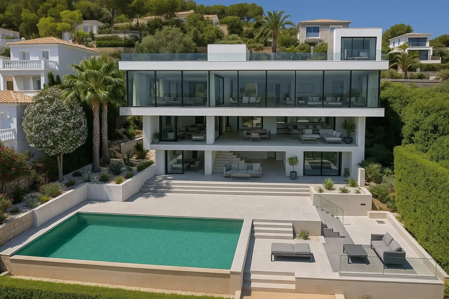 Moderne Villa mit Pool über dem Hafen von Portals Nous (KI-generiert)