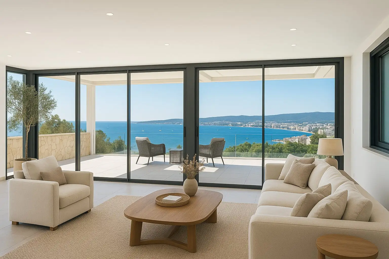 Wohnzimmer mit Glasfront und Blick auf die Bucht von Portals Nous (KI-generiert)