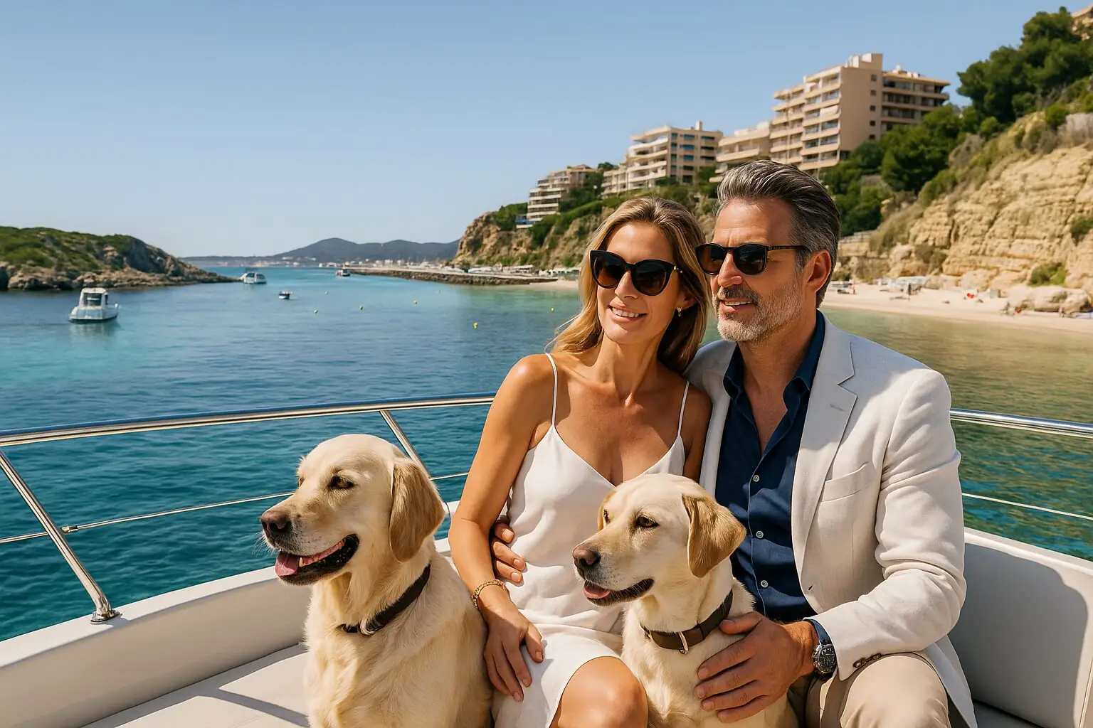 Paar mit zwei Hunden auf einer Yacht vor der Küste von Portals Nous (KI-generiert)
