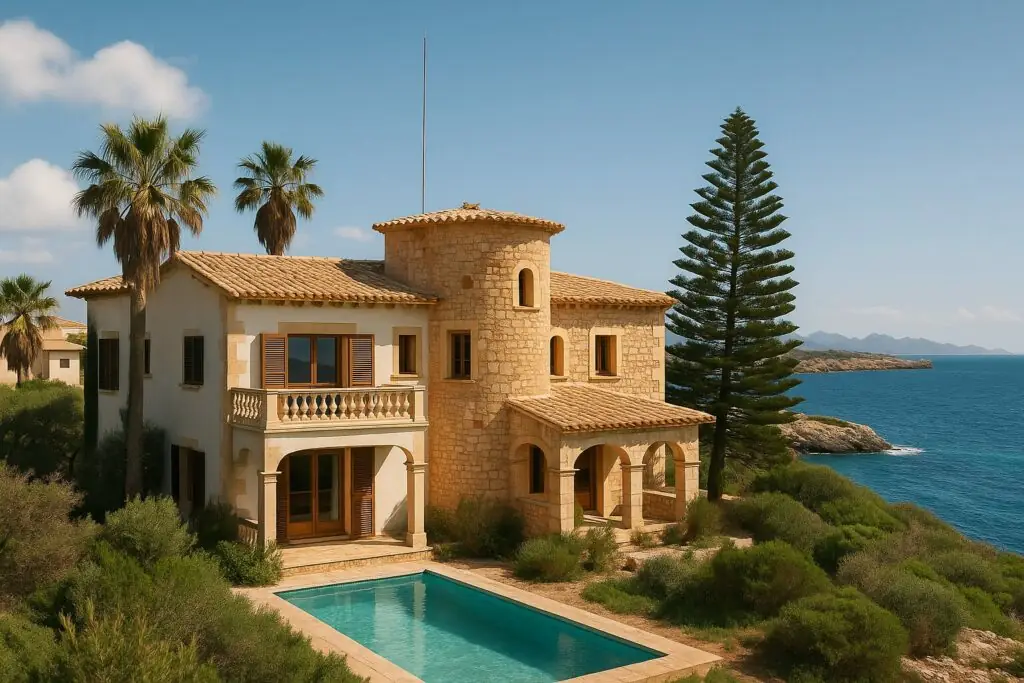 Villa mit Pool auf der Klippe über dem Meer in Porto Cristo (KI-generiert)