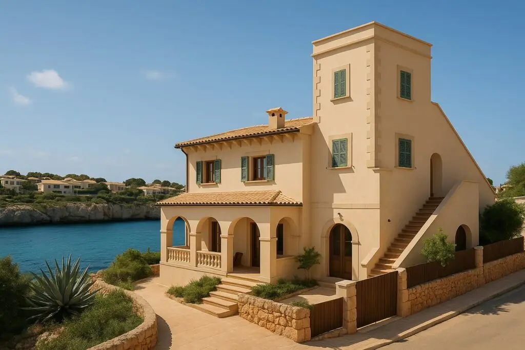 Mediterranes Haus mit Turm an der Bucht von Porto Cristo (KI-generiert)