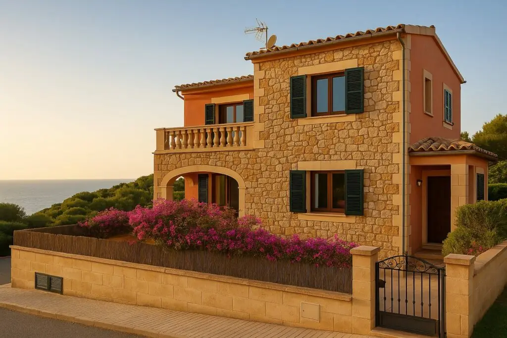 Steinhaus mit Bougainvillea und Meerblick in Porto Cristo (KI-generiert)